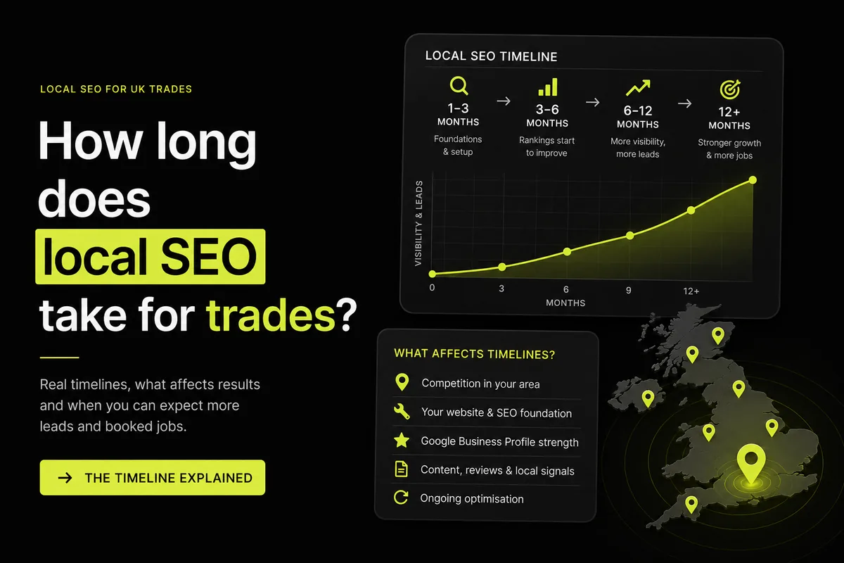 Local SEO timeline showing visibility and leads rising across 1-3, 3-6, 6-12 and 12+ months, with the factors that affect the pace